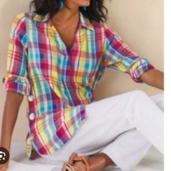 Soft Surroundings Kona Shores Plaid Button Shirt Sz PS Lace Detail Rainbow Color - Picture 12 of 13